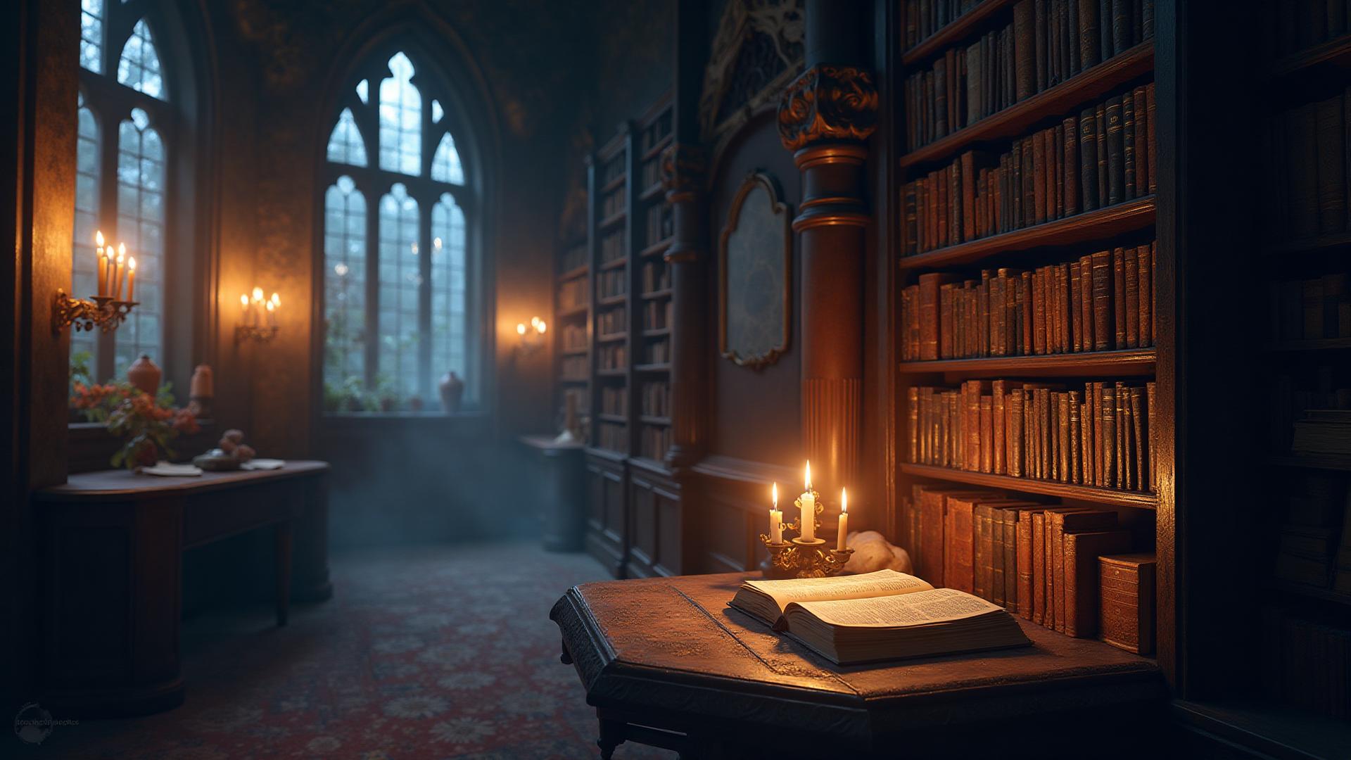 Mystieke bibliotheek met oude boeken en kaarslicht